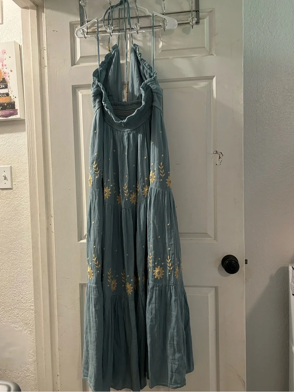 Free People Teal Maxi Dress with Gold Embroidery